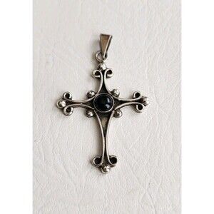 Large Vintage Mexico Sterling Silver Black Onyx Cross Pendant 2.5" 10.43g